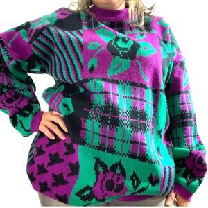BRIDGET SAYERS COLLECTION Vintage Knit Grandmacore Sweater Purple Green Black FS